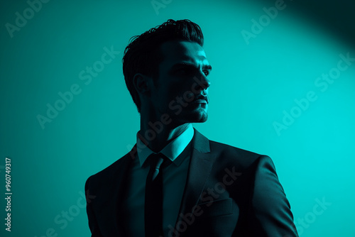 Chic Mens Dark Gray Suit with Solid Neon Aqua Contemporary Fashion Lifestyle Portrait Background