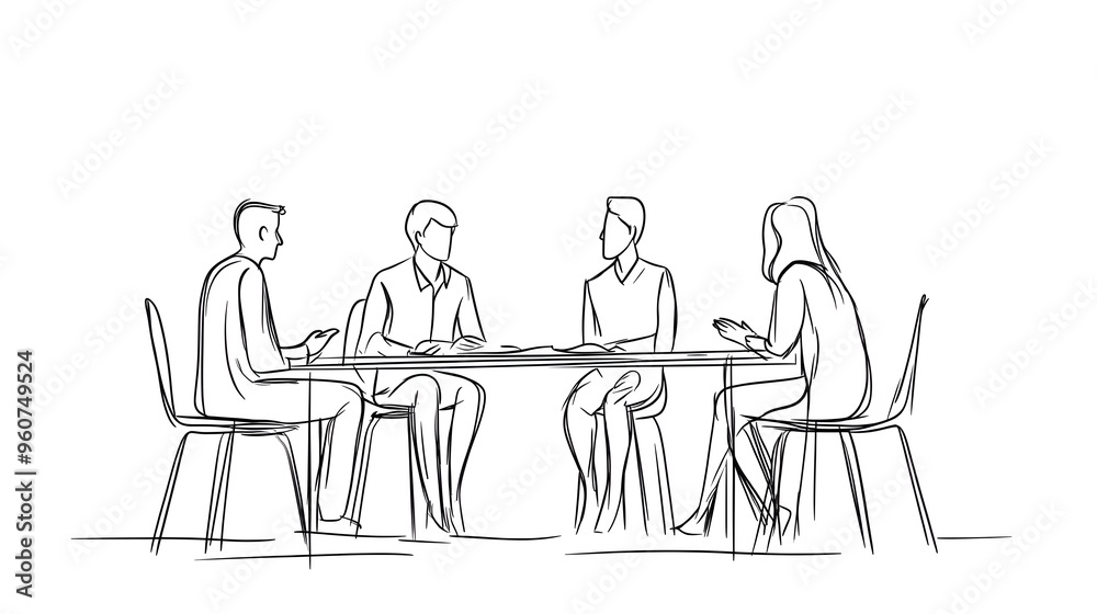 A simple line drawing of five people sitting around a table, talking against a white background A simple line drawing of five people sitting around a table, talking against a white background