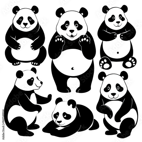 A collection of pandas depicted in different playful poses highlights their unique characteristics and charm in a striking black silhouette style