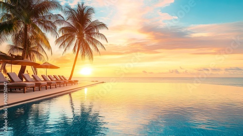 A beautiful beach with a pool and palm trees