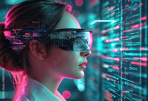 AI cybersecurity threat illustration, female specialist analyzing information technology data, artificial intelligence collage augmented reality,