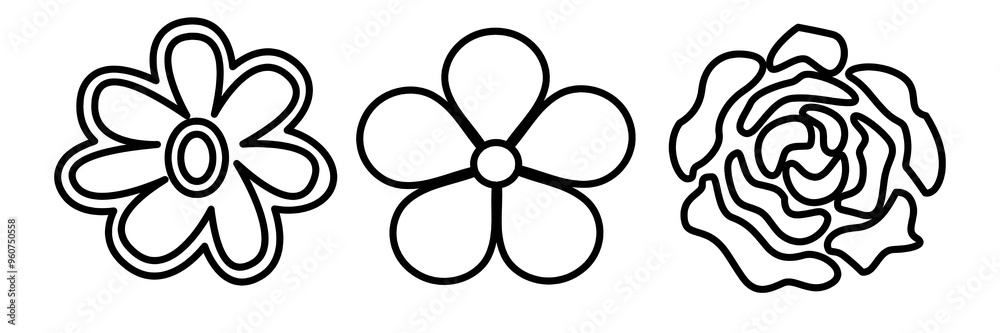 set of three black and white flowers in hand drawn style isolated on a transparent background Png set of three black and white flowers in hand drawn style isolated on a transparent background Png