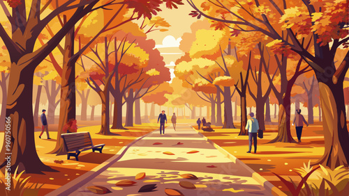 Busy Autumn Park Scene with People Walking, Vibrant Fall Colors, Golden Pathway