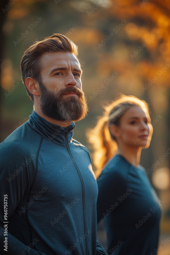 Fototapeta premium Couple engaging in morning stretches surrounded by nature to energize their day