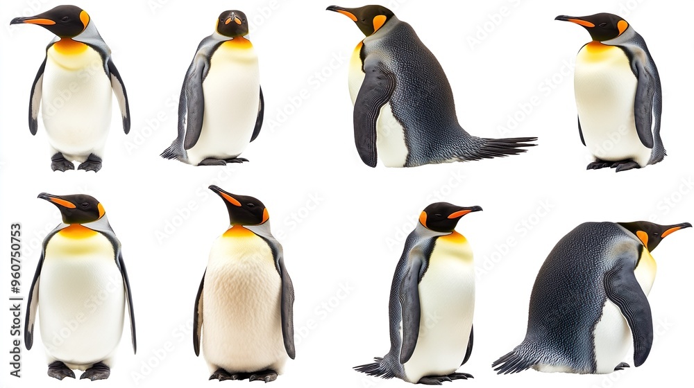 Fototapeta premium A series of penguins in various poses, with one of them looking at the camera