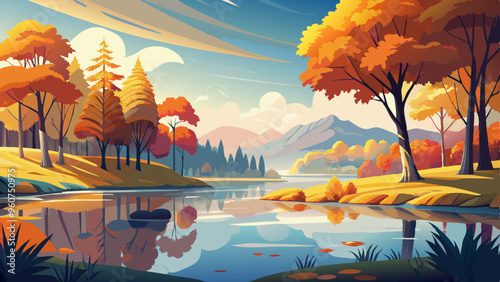 Scenic Autumn Lake with Vibrant Trees, Serene Nature Reflection, Fall Landscape