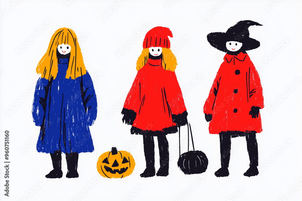Three kids in halloween costumes posing with a carved pumpkin and smiling, illustration art Three kids in halloween costumes posing with a carved pumpkin and smiling, illustration art