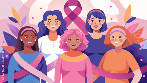 Diverse Group of Women United with Pink Ribbon, Breast Cancer Awareness, Empowering Illustration