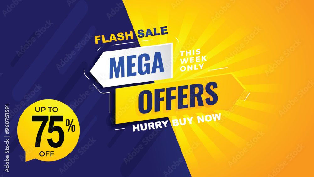 Obraz premium Flash sale mega offer background upto 75 percent off, special offer, limited time only, flash sale creative campaign sales blue yellow banner template design for social media and website