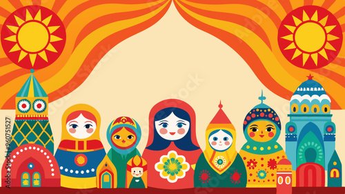 Colorful Matryoshka Dolls with Sun Motif, Russian Folk Art Illustration