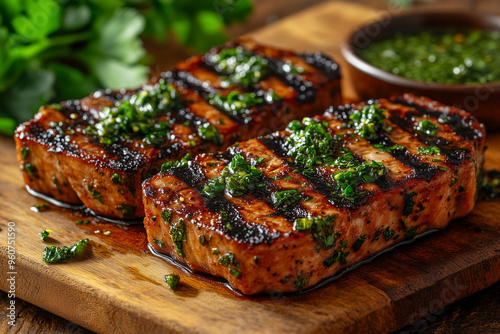 Savor the essence of grilled vegan seitan steaks topped with fresh pimientos de and vibrant green herbs for a delightful meal