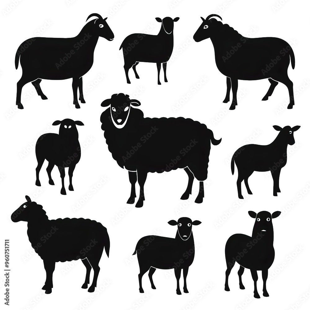 Naklejka premium This artwork features a diverse set of sheep silhouettes in various poses perfect for creative projects and design purposes highlighting their unique forms