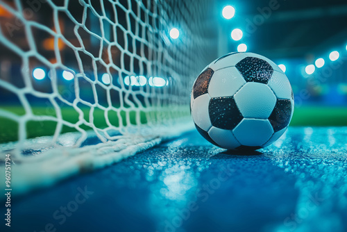 A futsal ball nestles in the netting of an indoor soccer goal during an exciting match on a vibrant court photo