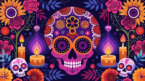 Vibrant Day of the Dead Skull with Candles and Colorful Flowers