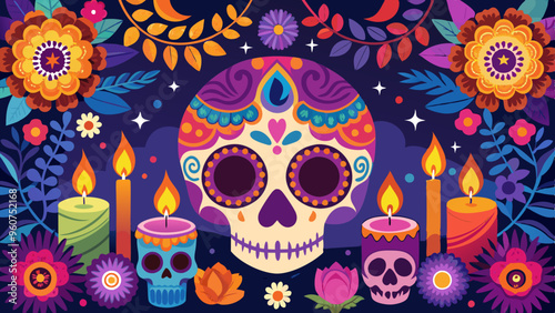 Festive Day of the Dead Sugar Skull with Candles and Floral Decorations
