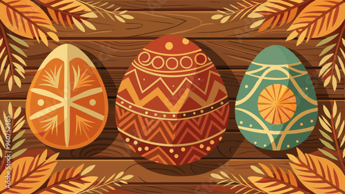 Folk Style Easter Eggs on Wooden Background, Rustic Holiday Decor