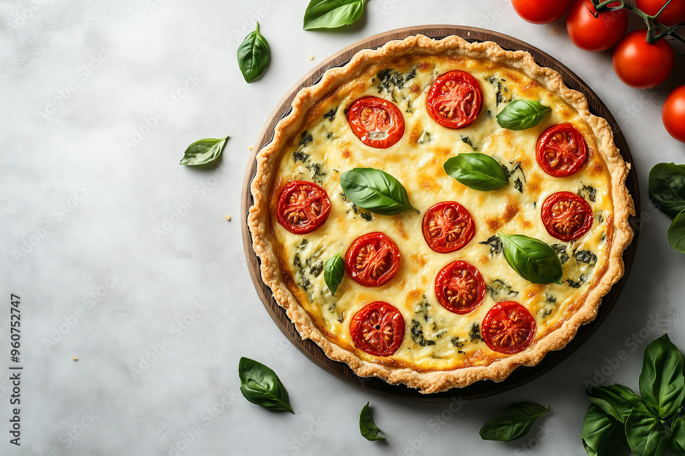 A delicious homemade quiche topped with fresh tomatoes and fragrant basil, perfect for summer gatherings or cozy brunches A delicious homemade quiche topped with fresh tomatoes and fragrant basil, perfect for summer gatherings or cozy brunches