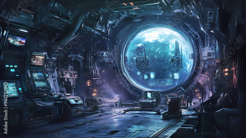 Fototapeta Naklejka Na Ścianę i Meble -  Artistic concept painting of a futuristic space station interior, background illustration. Space Station. Illustration