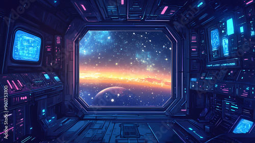 Fototapeta Naklejka Na Ścianę i Meble -  Bright spaceship interior with a view out a dark window. generative ai. Space Station. Illustration