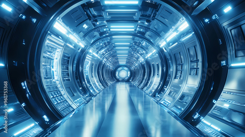 Fototapeta Naklejka Na Ścianę i Meble -  Futuristic space station or spaceship interior corridor. science fiction concept 3d rendering. Space Station. Illustration