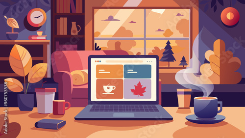 Autumn Home Office with Laptop, Warm and Cozy Workspace
