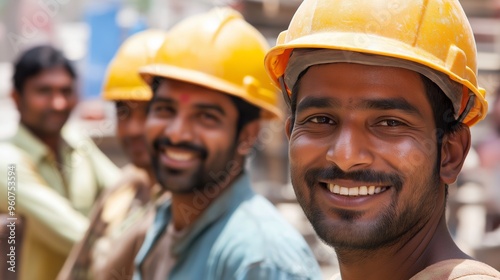 Smiling Indian construction workers wearing yellow hard hats, working together outdoors under the bright sun with a cheerful expression