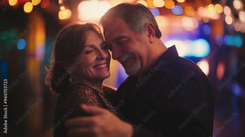 Happy senior couple dancing closely at a vibrant nightclub with warm, colorful lights
Happy senior couple dancing closely at a vibrant nightclub with warm, colorful lights