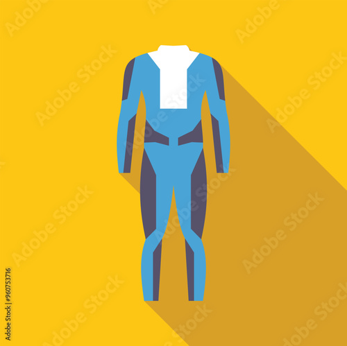 Minimalist flat vector illustration of a blue diving suit icon with long shadow on a yellow background