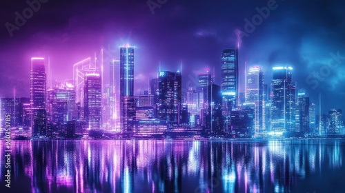 Neon-lit Cityscape with Water Reflection at Night