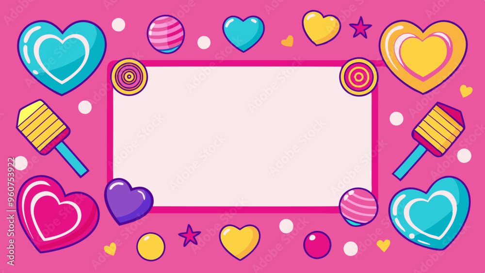 Colorful Hearts and Shapes Frame with Copy Space on Pink Background Colorful Hearts and Shapes Frame with Copy Space on Pink Background