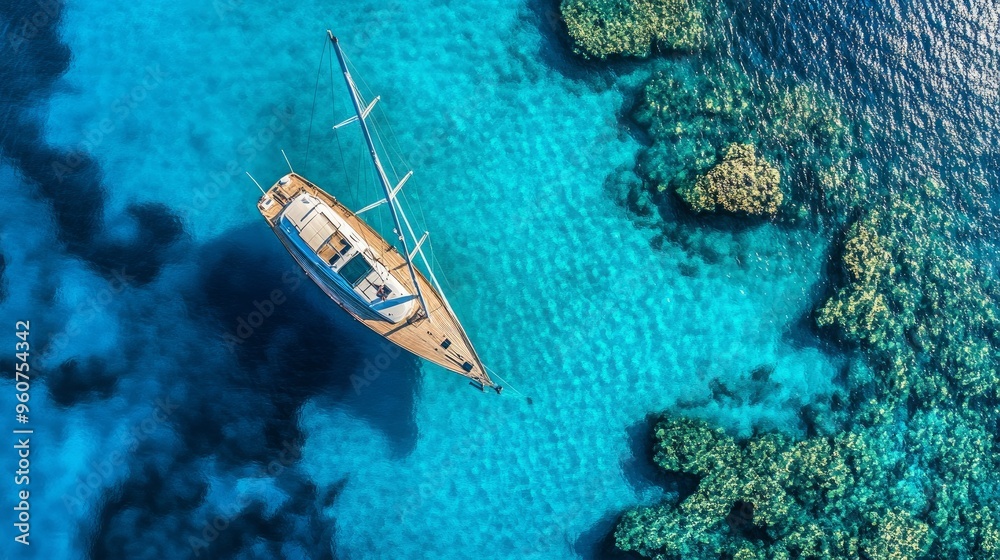 An ultra-wide aerial drone photo shows a sailboat anchored in calm, tropical, turquoise waters, creating a blue lagoon. An ultra-wide aerial drone photo shows a sailboat anchored in calm, tropical, turquoise waters, creating a blue lagoon.