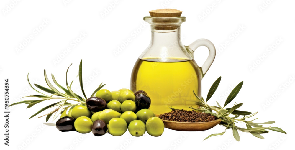 PNG Olive oil and olives ingredient on the white background PNG Olive oil and olives ingredient on the white background