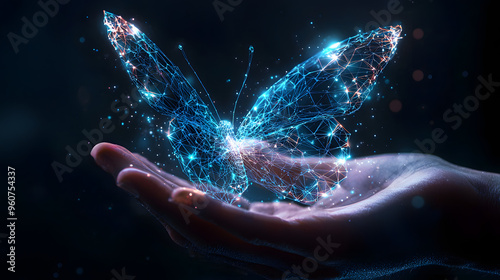 A digital abstract butterfly flies from businessman hands. Technology innovation concept. Futuristic low poly wireframe illustration. Metaverse evolution metaphor. Blue hologram effect photo