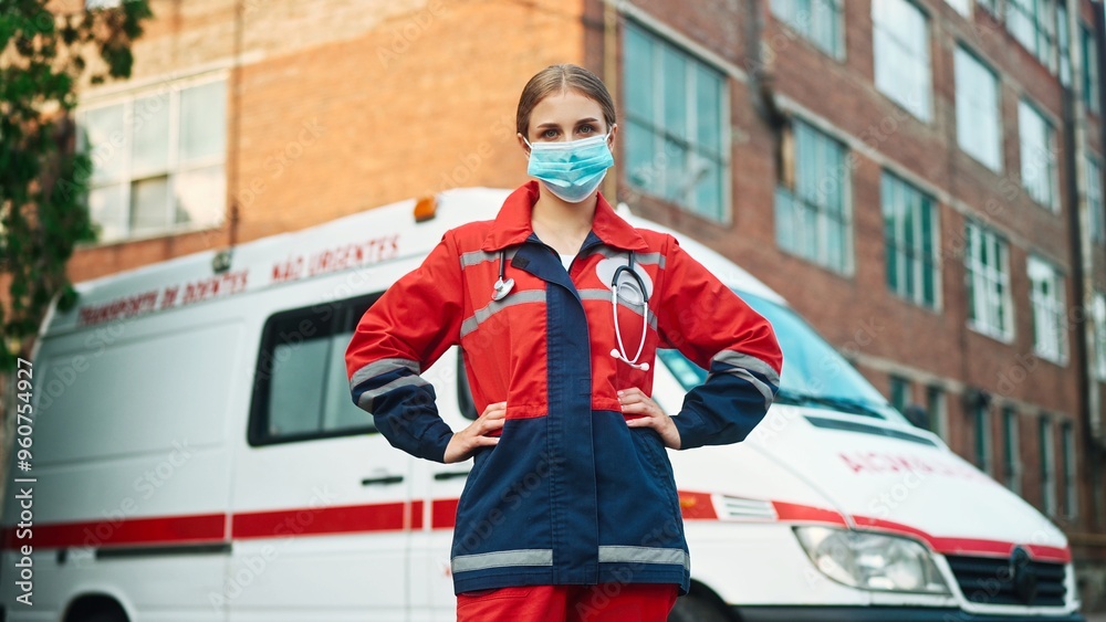 Obraz premium One young beautiful woman paramedic standing outdoor wearing medical mask and looking at camera near ambulance vehicle. Emergency worker. Professional doctor or nurse at work. First aid assistance