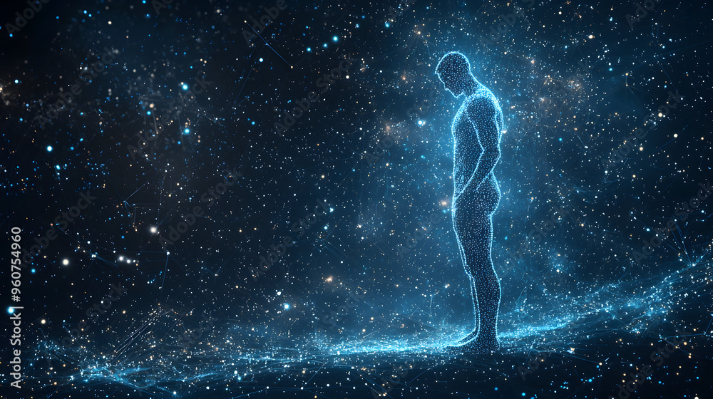 Abstract image of a Obesity male in the form of a starry sky or space, consisting of points, lines, and shapes in the form of planets, stars and the universe. Health wireframe Abstract image of a Obesity male in the form of a starry sky or space, consisting of points, lines, and shapes in the form of planets, stars and the universe. Health wireframe