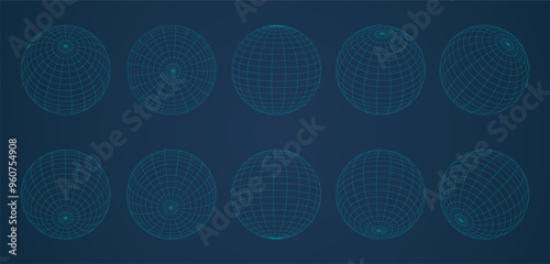 Globe grid spheres. Striped 3D wireframe spheres, geometry globe grid, earth latitude and longitude line grid vector symbols set