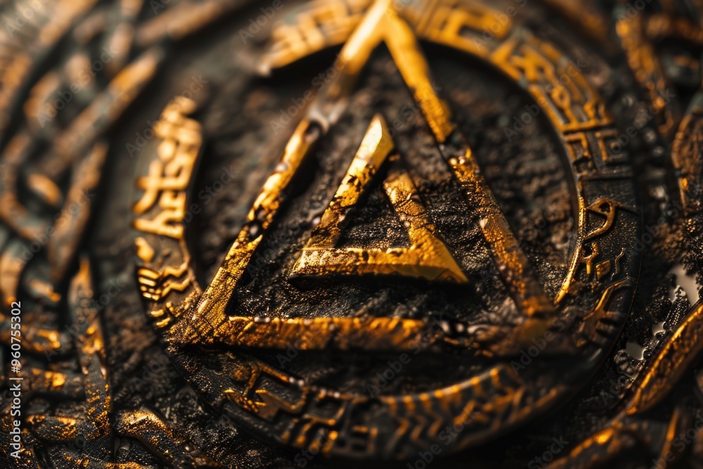 A close-up shot of a gold coin featuring a triangular design