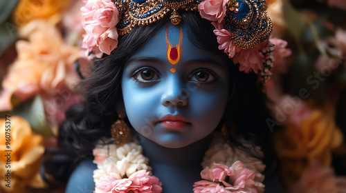 Cute little baby Krishna with blue skin on light background. Birthday of Krishna, eighth avatar of Vishnu. Shree Krishna Janmashtami or Gokulashtami. Indian religious festival