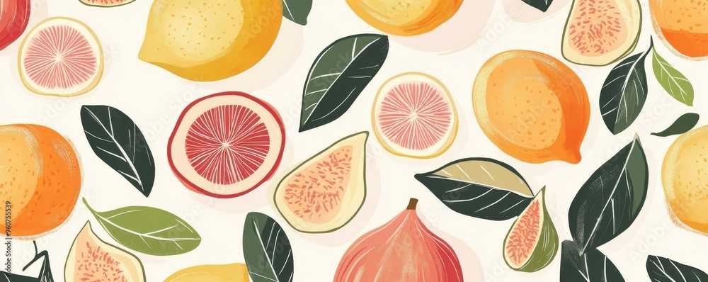 Vibrant citrus and fruit pattern featuring oranges, lemons, figs, and leaves creating a lively and colorful design perfect for summer themes and kitchen decor Vibrant citrus and fruit pattern featuring oranges, lemons, figs, and leaves creating a lively and colorful design perfect for summer themes and kitchen decor