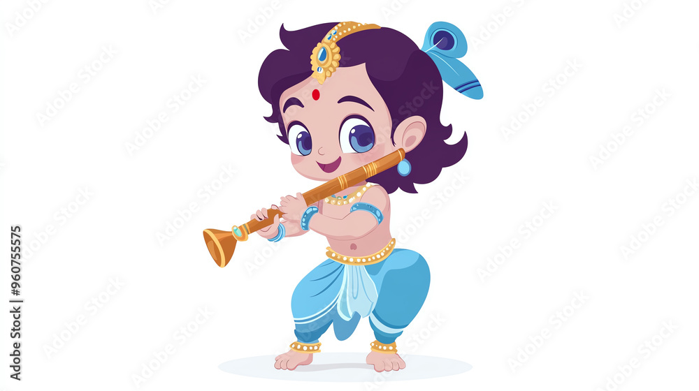 Cute little baby Krishna playing flute. Cartoon character Hindu god Lord Krishna isolated on white background. Krishna Janmashtami, Govardhan Puja. Indian religious festival
