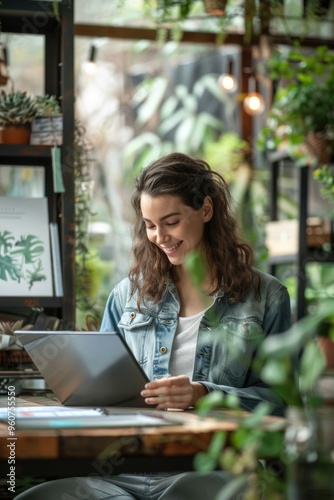 A woman sits at a table with a laptop, focused on her work