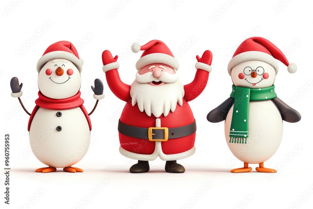 Three festive figurines depicting Santa Claus, a snowman, and a penguin for holiday decorations Three festive figurines depicting Santa Claus, a snowman, and a penguin for holiday decorations