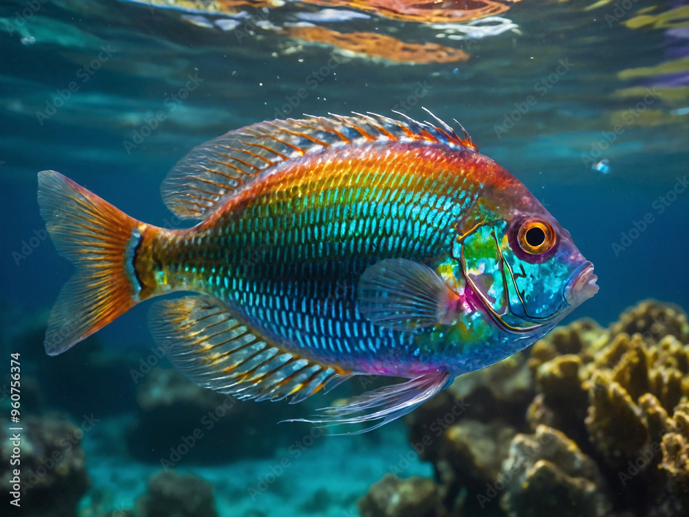 a crystal-clear lagoon where a magic rainbow fish swims near the surface a crystal-clear lagoon where a magic rainbow fish swims near the surface