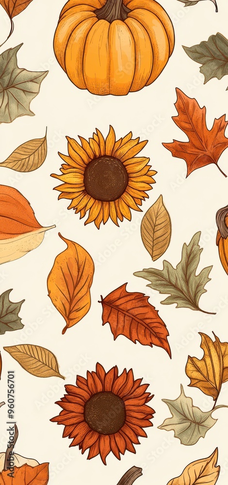 Obraz premium Seamless pattern of pumpkins and sunflowers with autumn leaves for seasonal decoration and design
