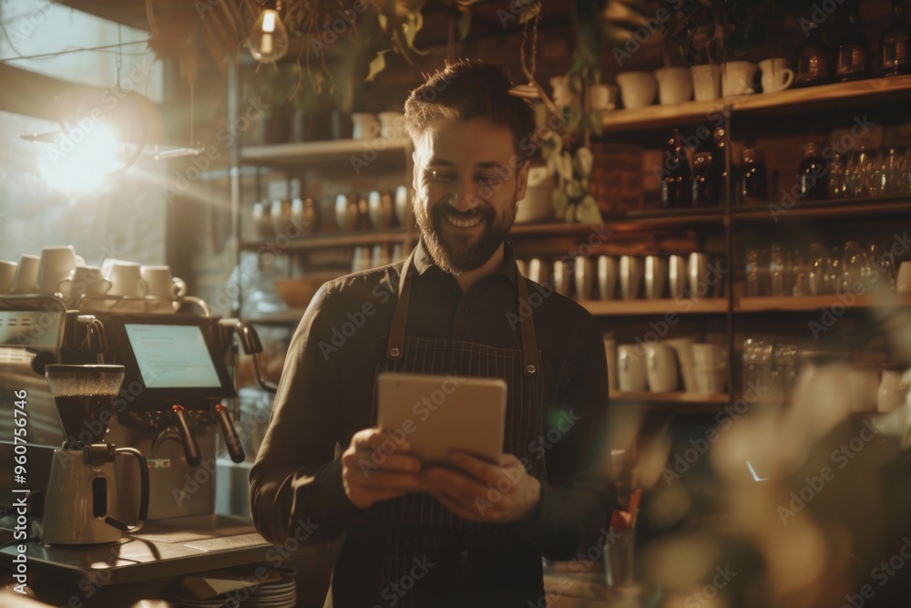 A person using a tablet at a counter A person using a tablet at a counter