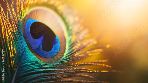 Sacred beautiful peacock feather as symbol of Hindu god Lord Krishna on sunset. Krishna Janmashtami, Govardhan Puja. Indian culture and religious concept. Background with copy space for banner, poster photo