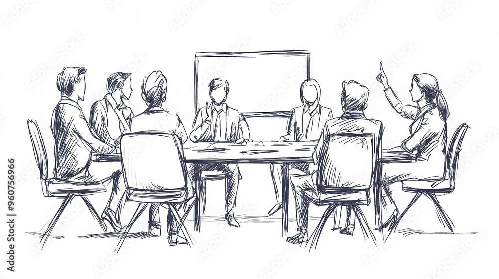 A simple line drawing of five people sitting around a table, talking against a white background A simple line drawing of five people sitting around a table, talking against a white background
