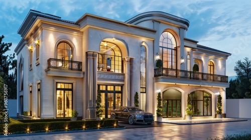 A car parked on the driveway in front of a big house, possibly waiting for someone to arrive