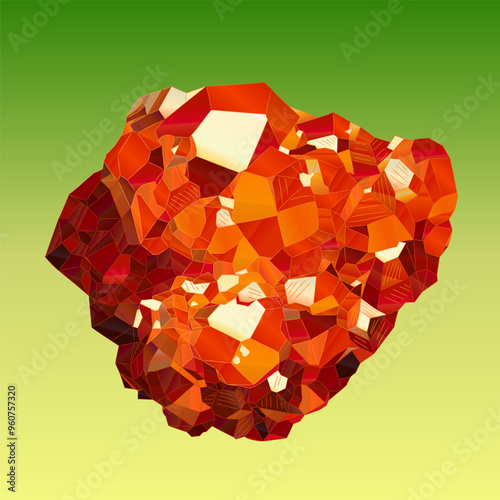 Natural orange-red-brown uncut spessartine gemstone. Vector illustration of spessartine deep, rich color and shine. Juicy orange-yellow-red-brown coloring distinguishes spessartines from other mineral