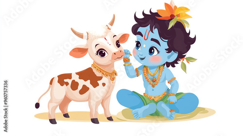 Cute little baby Krishna with sacred cow. Hindu god Lord Krishna with calf. Krishna Janmashtami, Govardhan Puja, Vasubaras. Indian religious festival photo